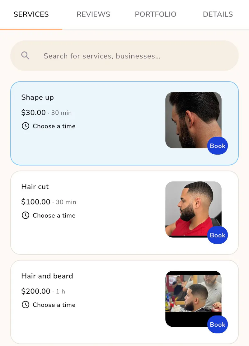 A business page's services tab: Shape up, Hair cut, and Hair and beard, each with a price, a duration, Choose a time, and a Book button.