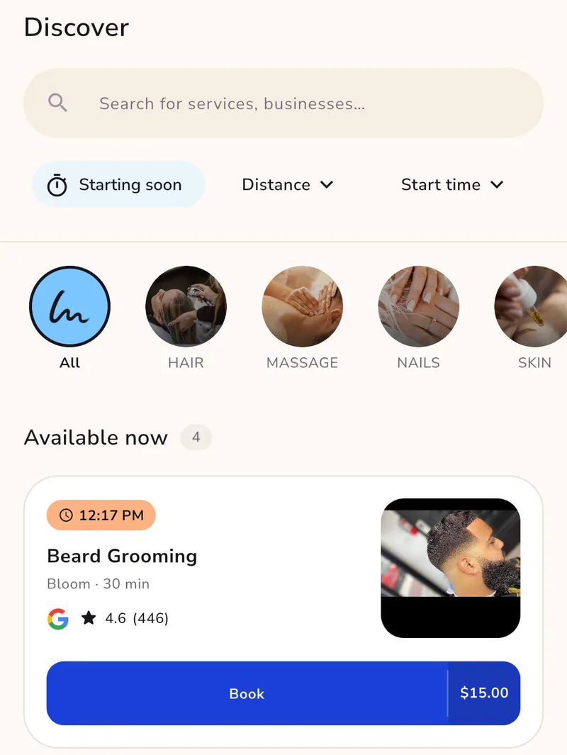 Discover in the app: a search bar, sort chips for starting soon, distance and start time, category photos, and an Available now list whose first card starts at 12:17 PM.