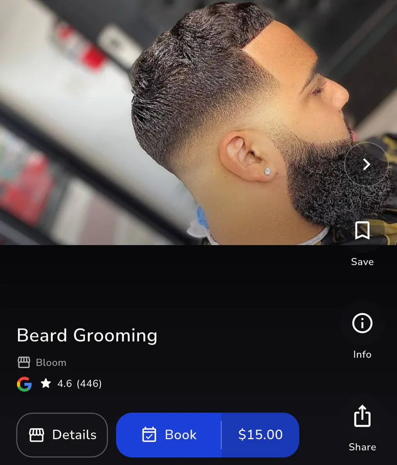A Beard Grooming post in the Feed, with the business name, a 4.6 Google rating, and Details and Book buttons showing a $15 price.